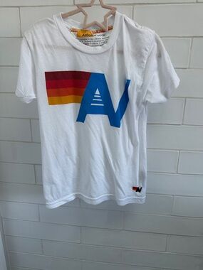 Aviator Nation kids Graphic Logo Tee in White with Blue + Sunset Stripe